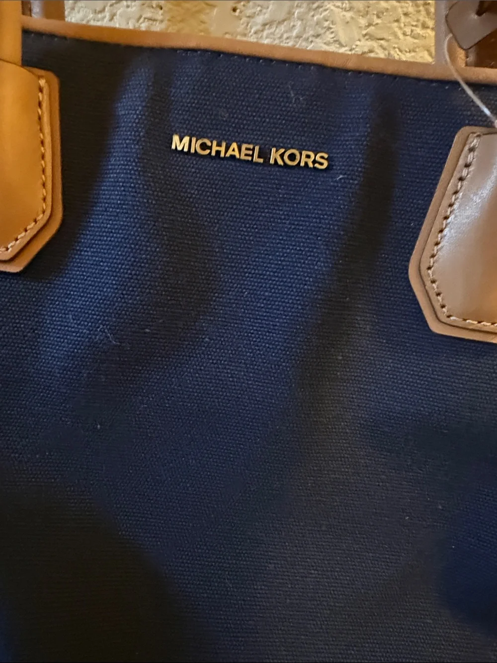 Michael Kors Navy Canvas Tote with Tan Leather Trim